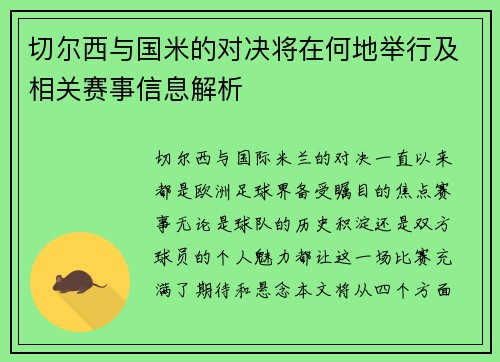 切尔西与国米的对决将在何地举行及相关赛事信息解析