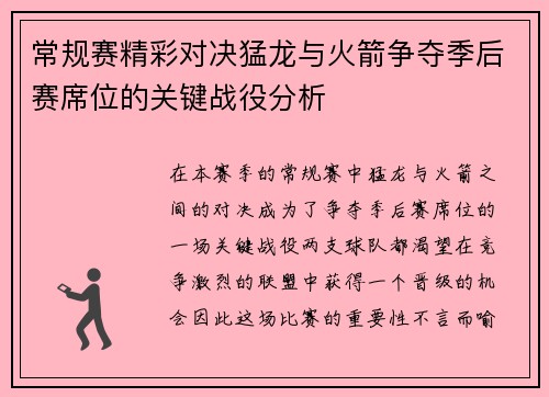 常规赛精彩对决猛龙与火箭争夺季后赛席位的关键战役分析